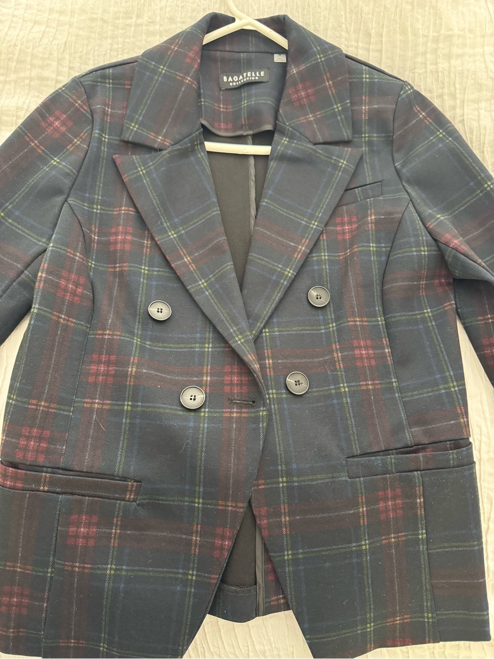 Bagatelle women’s  Navy Plaid Double-Breasted Blazer. Classy look, great fabric